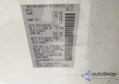 2013 Infiniti Jx35 из США, поврежденный, VIN 5N1AL0MN6DC317640